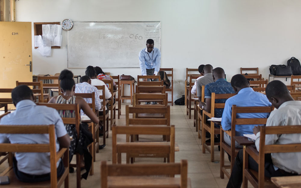 group of students taking an exam